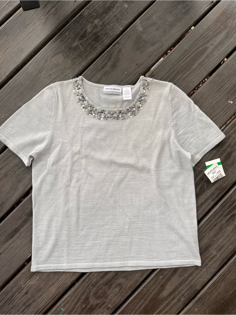 Alfred Dunner Silver Short-Sleeve Knit Top with Beaded Collar